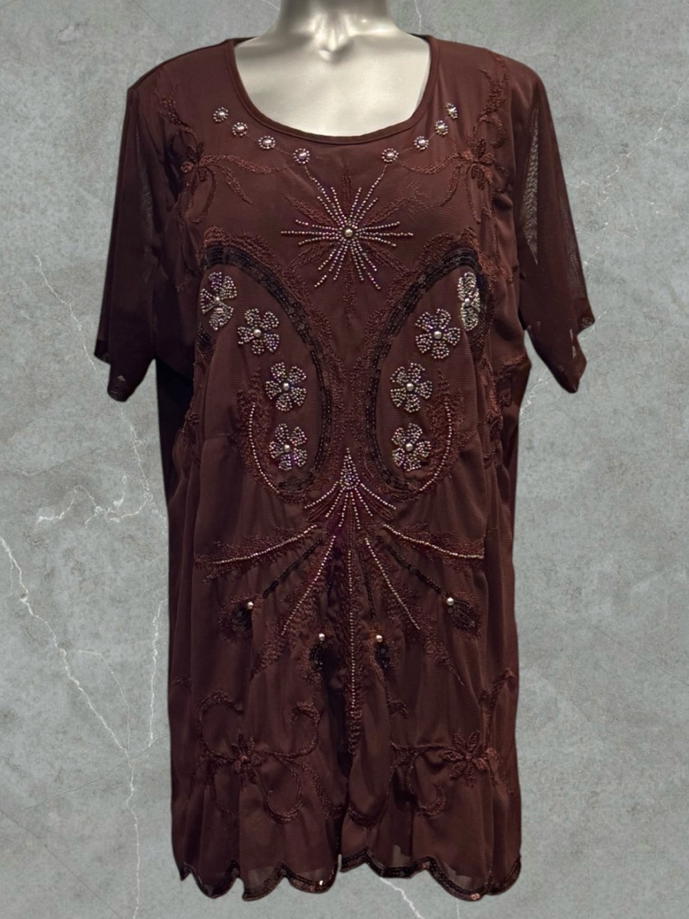 2 for $30 | Women's Embellished Brown Mesh Short Sleeve Top